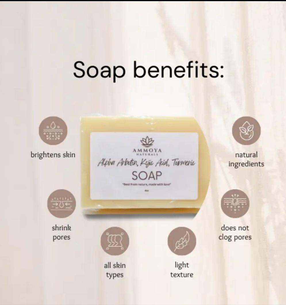 Alpha Arbutin, Kojic
Acid and Turmeric Soap. Clear Skin, Even Skin Tone, Scar
Remover