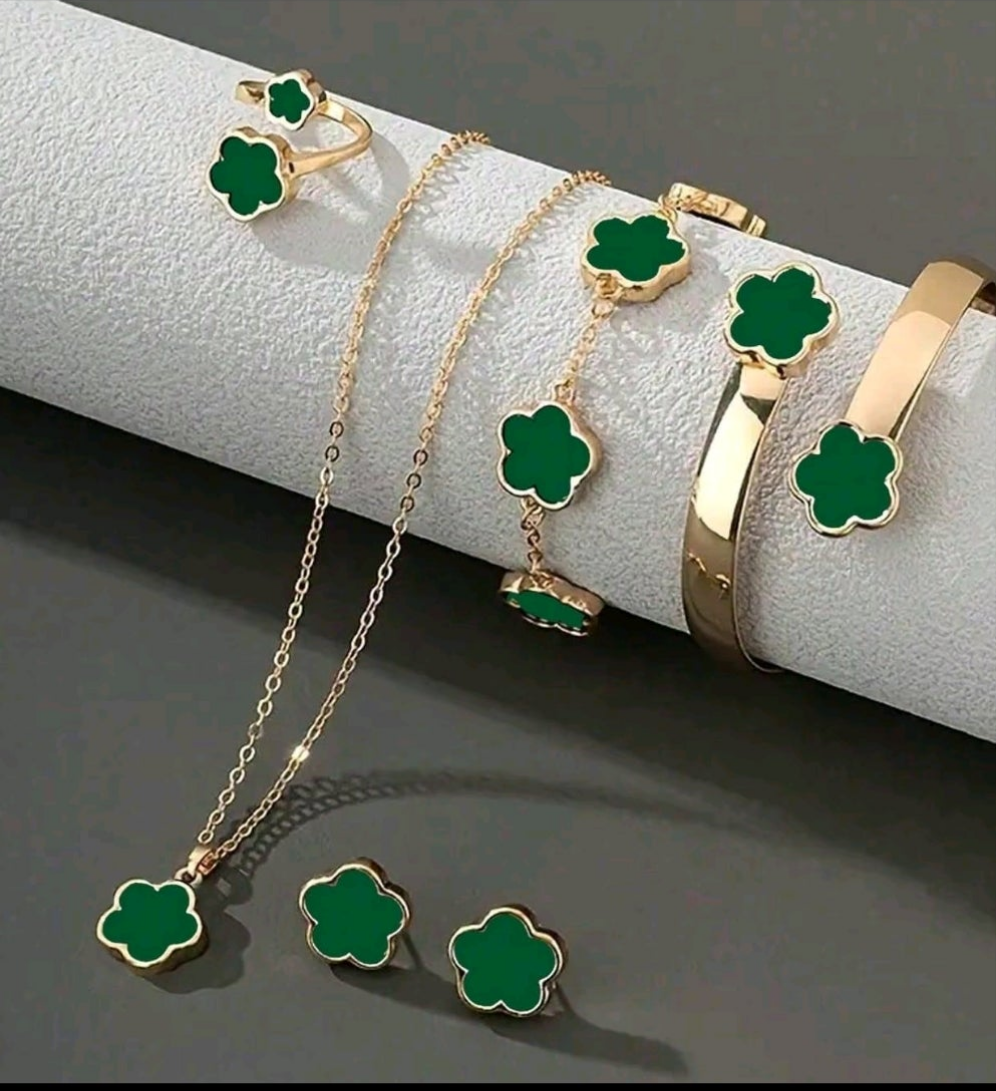 6pcs/Set Lucky Clover Bracelet & Necklace Set, Suitable For Daily Wear & Party