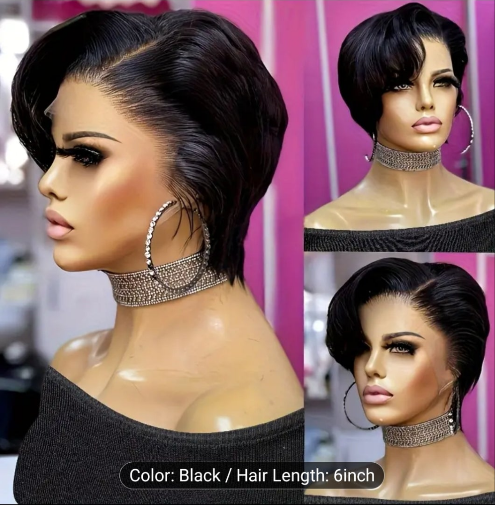 Elegant Pixie Cut Lace Front Wig for Women, 6inch 4# 99J, Natural Black 1b, Brazilian Virgin Human Hair, BrElegant Pixie Cut Lace Front Wieathable & Lightweight, Body Wave, 150% Density, Side Part & Bangs, All Ethnicities, Perfect for Daily Wear & Cosplay
