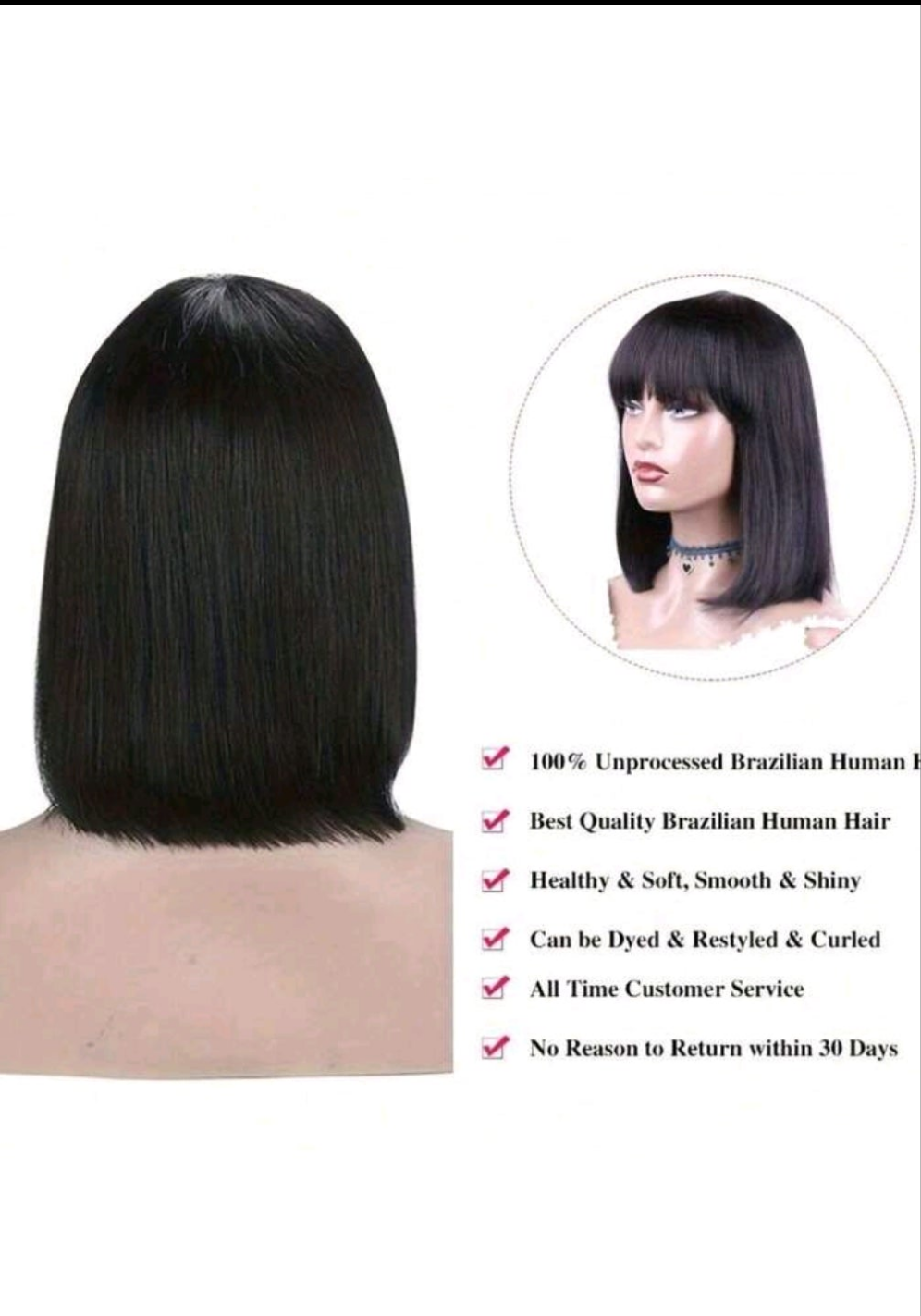 12-inch Straight Bob Pixie Cut With Bangs Remy Bob  Air Bangs Wig 150 Density Natural Black Color Virgin Remy Human Hair Full Machine Made Wig