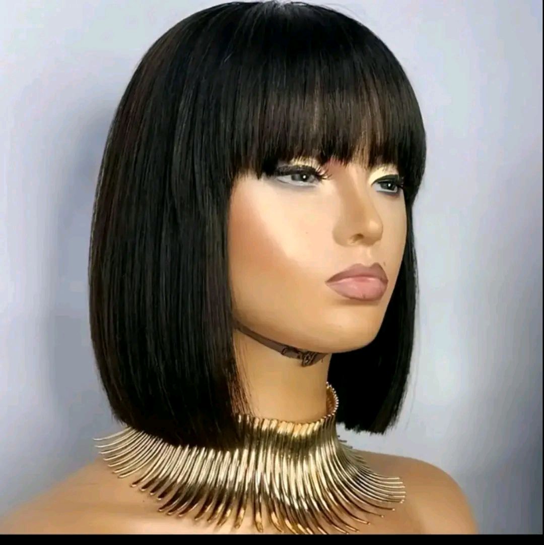 10 inches Straight Bob Pixie Cut With Bangs Remy Bob With Air Bangs Wig 150 Density 10-16 Inch Natural Black Color Virgin Remy Human Hair Full Machine Made Wig