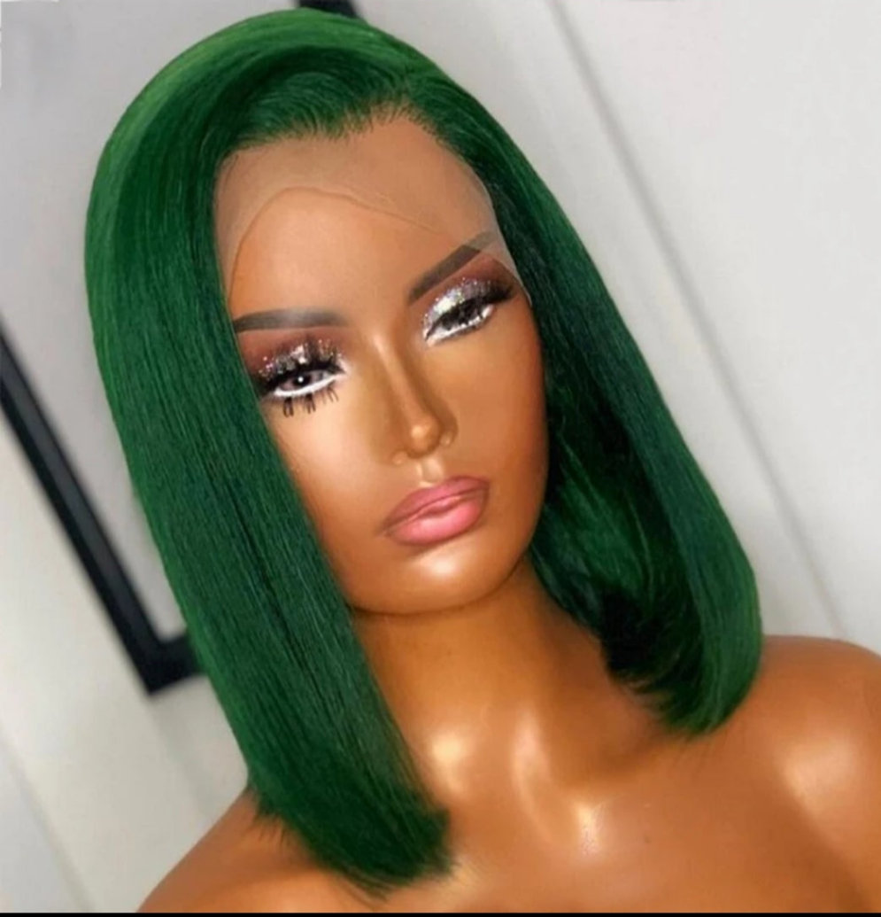 10 Inch Women's 13x4 Lace Front Bob Wig 150% Density Pre Plucked with Baby Hair - Human Hair Straight Style Basics, Transparent Lace Wig for African Ladies, Dark Green