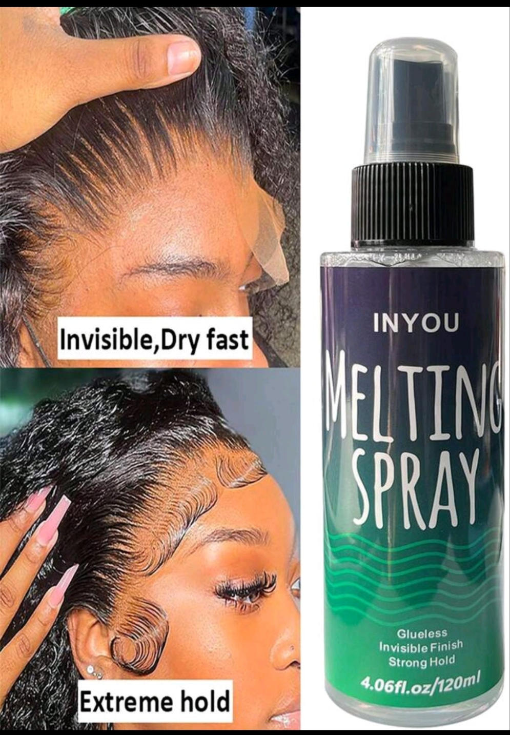 Lace Melting Spray And Holding Spray(4.06oz), Extreme Hold Melting Spray For Lace Wigs, Glueless, Strong Natural Finishing Hold, Dries Quickly, Wig Melting Spray & Hair Adhesive For Wigs
