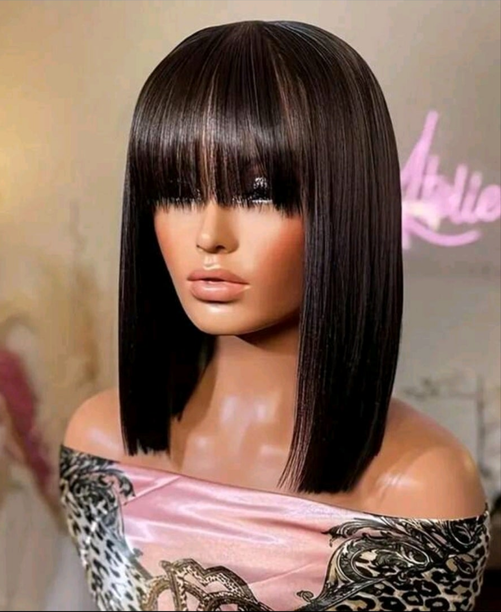12-inch Straight Bob Pixie Cut With Bangs Remy Bob  Air Bangs Wig 150 Density Natural Black Color Virgin Remy Human Hair Full Machine Made Wig