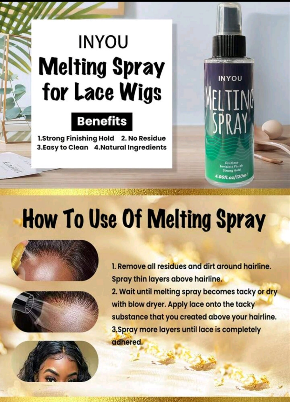 Lace Melting Spray And Holding Spray(4.06oz), Extreme Hold Melting Spray For Lace Wigs, Glueless, Strong Natural Finishing Hold, Dries Quickly, Wig Melting Spray & Hair Adhesive For Wigs