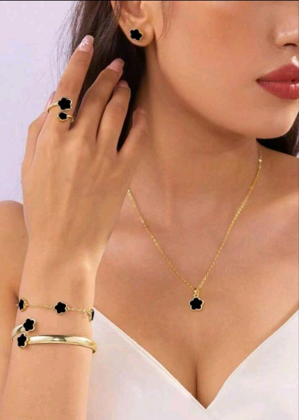 6pcs Korean Style Lucky Flower Earrings, Necklace, Bracelet, Ring Set, Fashion Jewelry Set Suitable For Valentine's Day, Daily Wear, And Festival Gifts