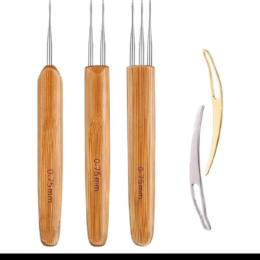 Dreadlock Crochet Hook Tool for Needle Weaving, 0.75mm Braid Hair Dreadlocks, Wooden Handle, Includes Two Hooks, Metal Pliers