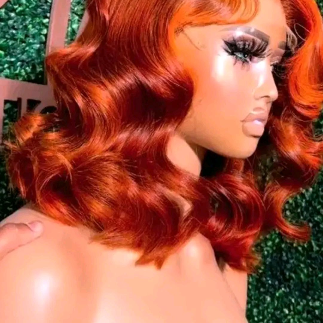 10 inches Natural Black Human Hair Bob Wig Brazilian Body Ocean wave short Bob 13×4 Lace Front  Pre Plucked Human wigs Ginger Orange Wig..