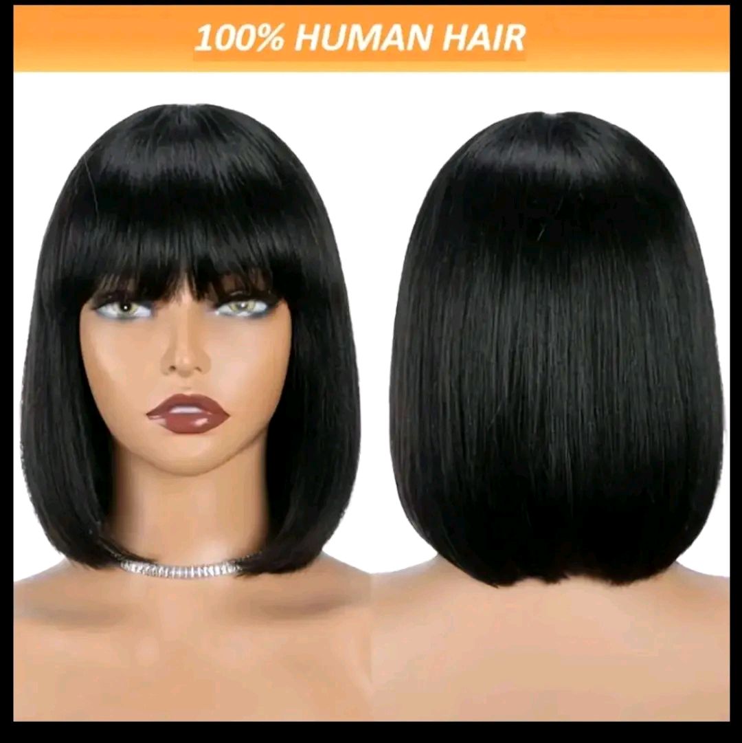 10 inches Straight Bob Pixie Cut With Bangs Remy Bob With Air Bangs Wig 150 Density 10-16 Inch Natural Black Color Virgin Remy Human Hair Full Machine Made Wig