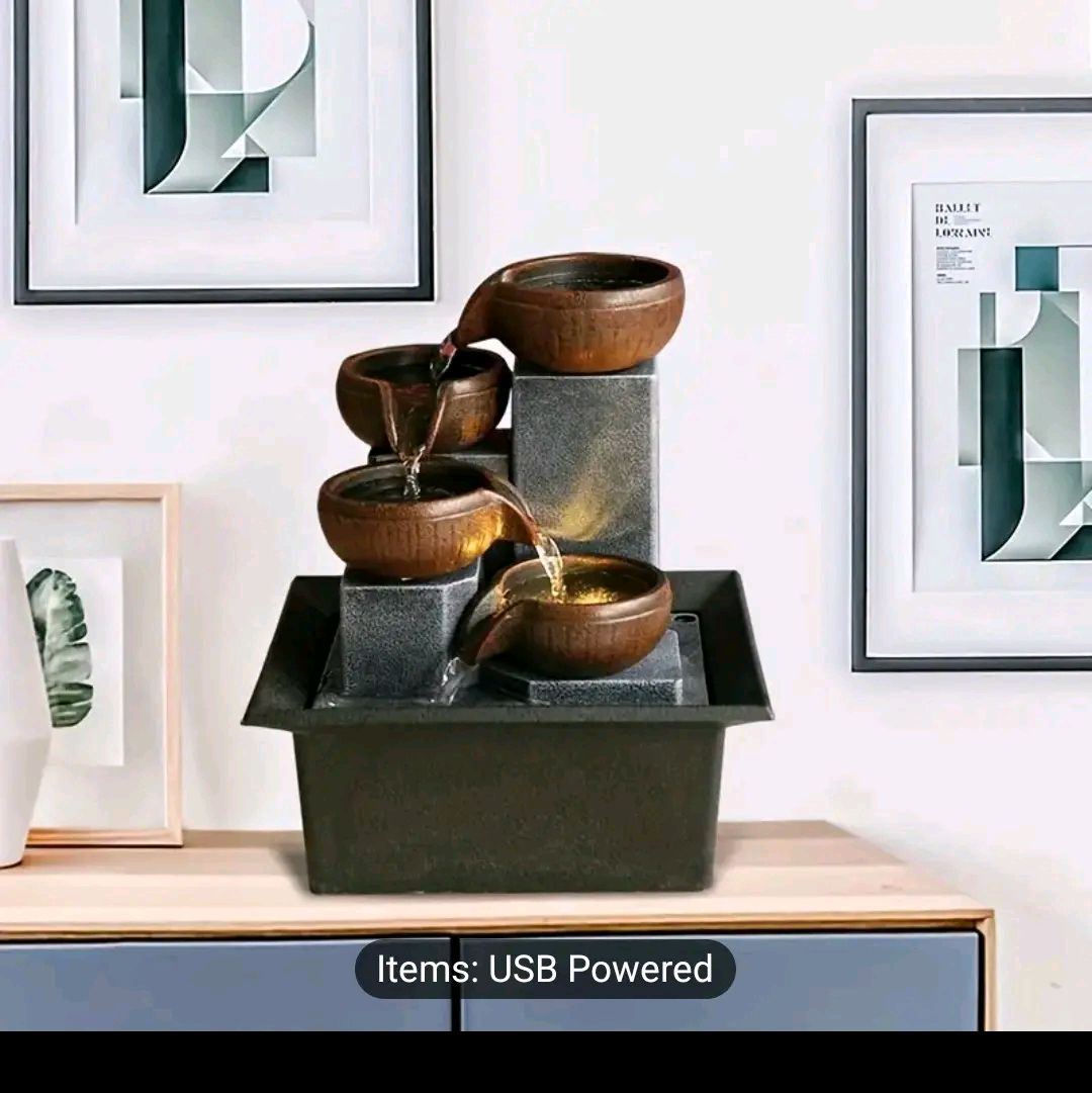 1pc Elegant Tiered Indoor Water Fountain - Resin Construction, Creative Decorative Ornament, Soothing Sound, Compact Tabletop Design, Perfect for Home, Office Desk, TV Cabinet Decor, Relaxing Ambiance Creation