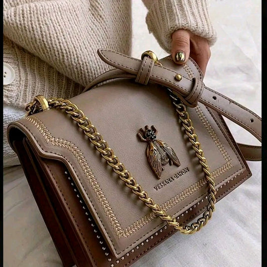 New Fashion Retro Bee Decorative Design Single Shoulder Bag, Square Bag, Metal Chain Decorative Crossbody Bag, Solid Color PU Waterproof Fabric Wallet, Suitable For Travel, Shopping, Giving Mom Festival Gifts