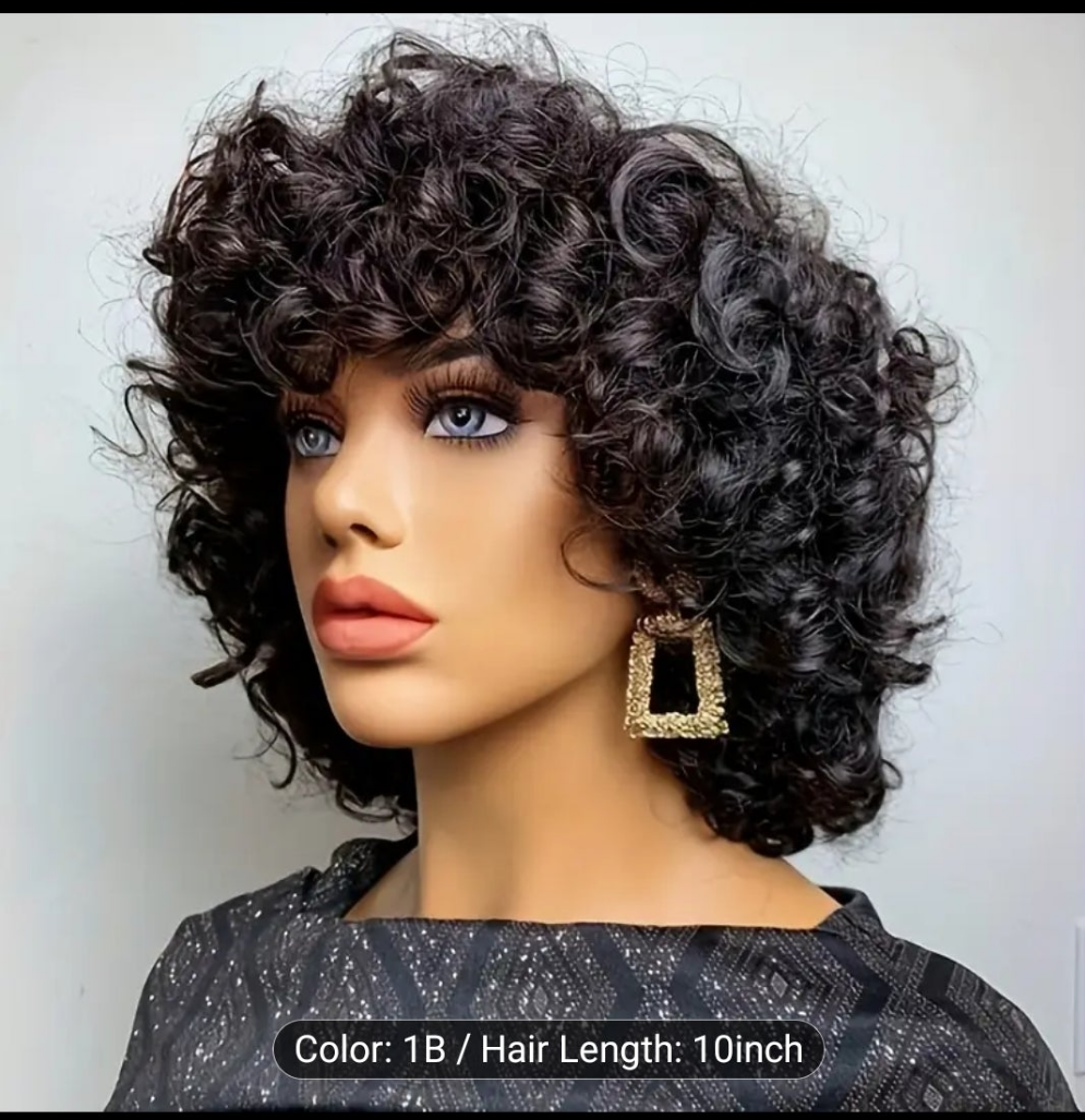 10 INCH Bouncy Curly Glueless Human Hair Wigs with Bangs Fringe - Big Loose Wave Wigs - 180% Density - 10 Inch - Full Machine Made - Brazilian Virgin - 100% Human Hair Wigs for Women