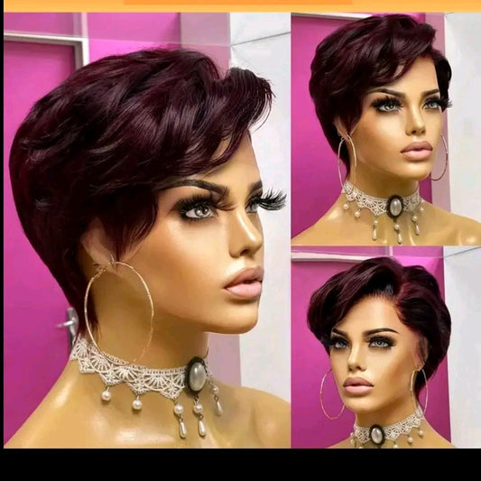Elegant Pixie Cut Lace Front Wig for Women, 6inch 4# 99J, Natural Black 1b, Brazilian Virgin Human Hair, BrElegant Pixie Cut Lace Front Wieathable & Lightweight, Body Wave, 150% Density, Side Part & Bangs, All Ethnicities, Perfect for Daily Wear & Cosplay