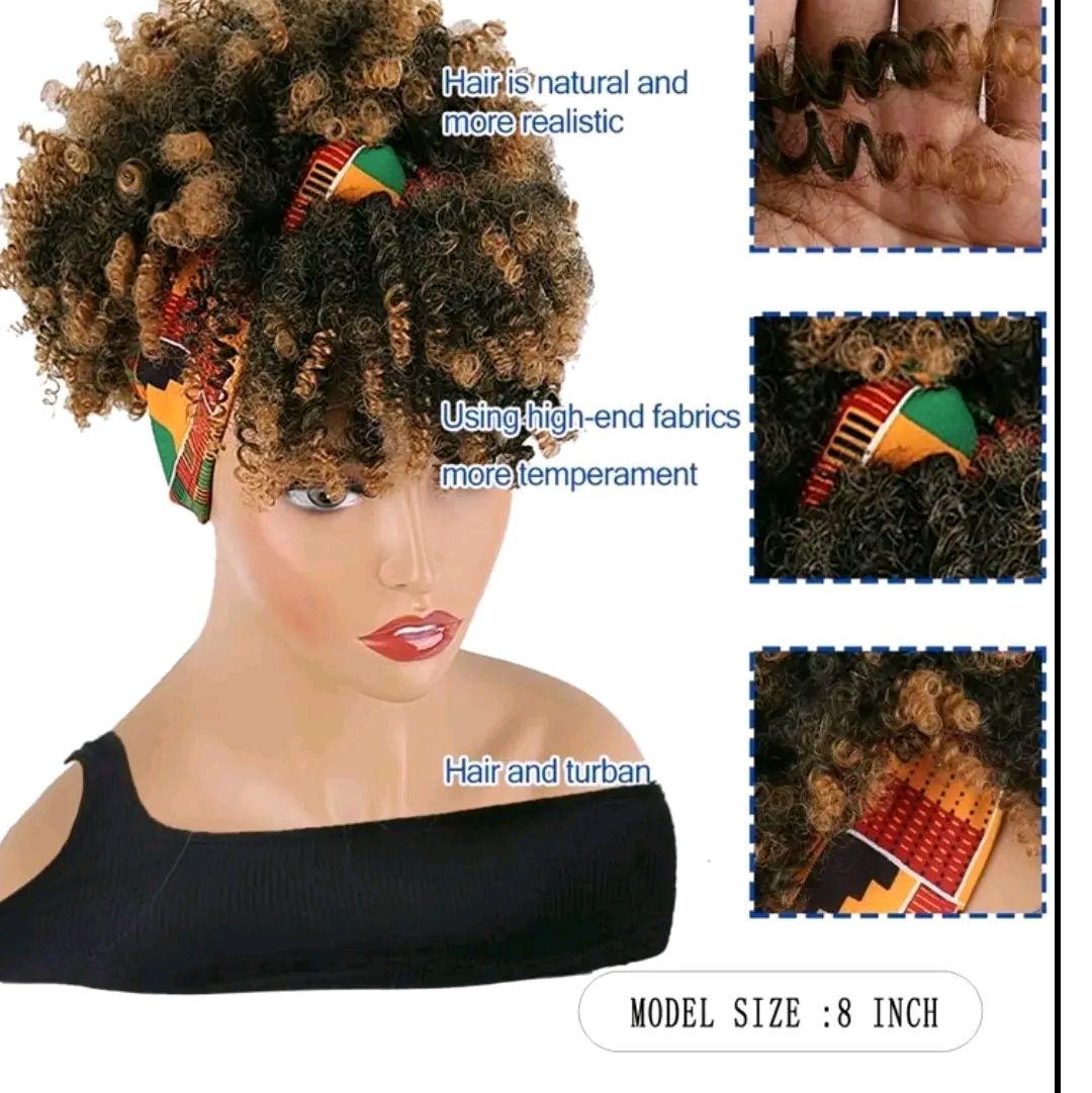 Black Scarf Hair Extension For Women, 2 In 1 Brown Hairpiece With Bangs And Scarf, Synthetic Short Curly Hair Wig, High Puff Hair Bun, Ombre Brown Full Wig With Hat, Drawstring Ponytail Hairpiece