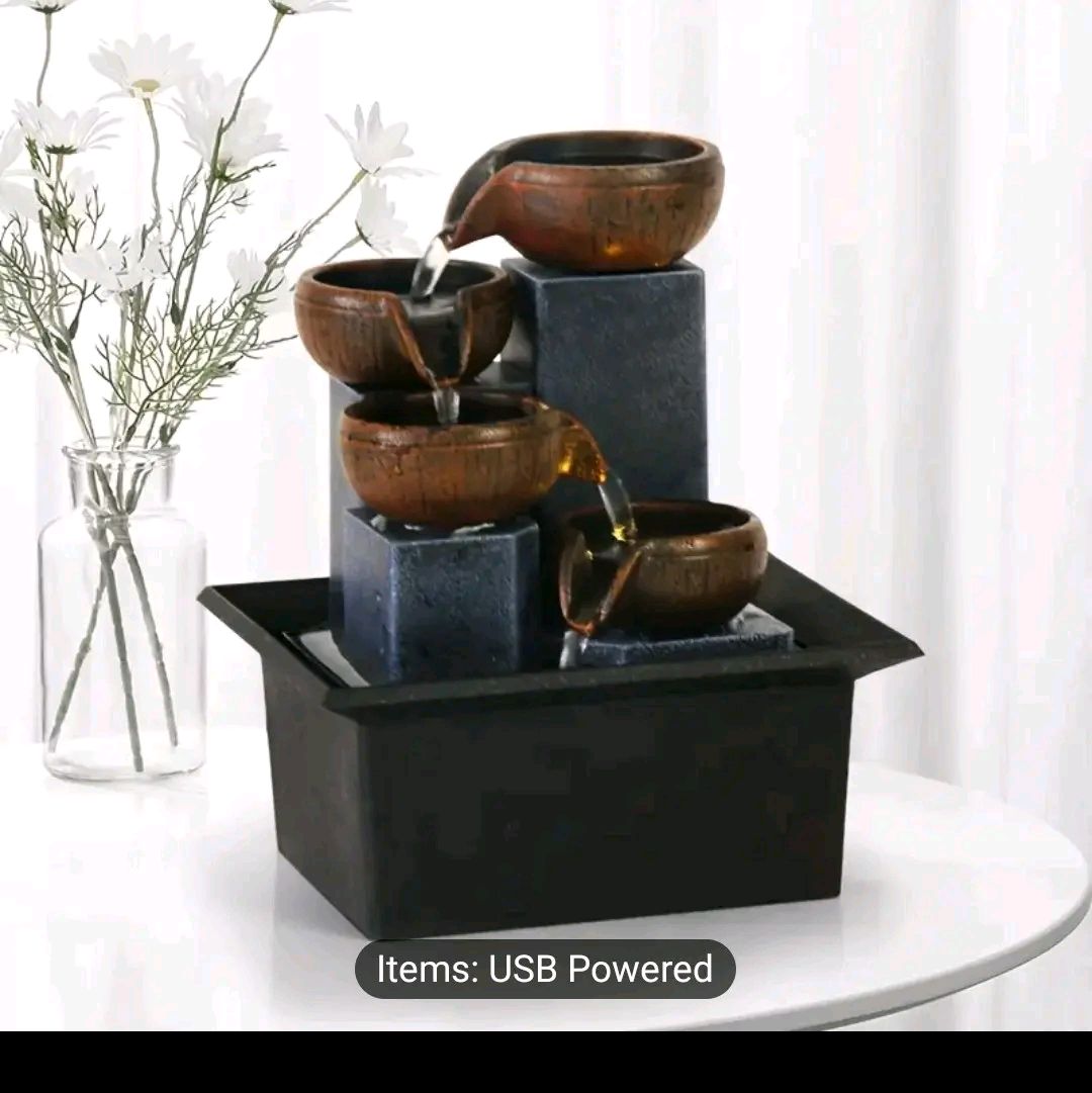 1pc Elegant Tiered Indoor Water Fountain - Resin Construction, Creative Decorative Ornament, Soothing Sound, Compact Tabletop Design, Perfect for Home, Office Desk, TV Cabinet Decor, Relaxing Ambiance Creation