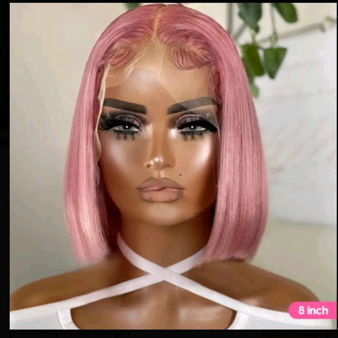 8 INCH Rebecca Beauty Unisex-Adult Pink Bob Lace Front Wig 13*5*1 Transparent HD Lace - 150% Density Straight Human Hair Wig Pre-Plucked with Bleached Knots - Suitable for All People