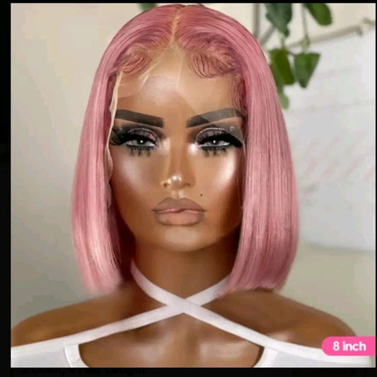 8 INCH Rebecca Beauty Unisex-Adult Pink Bob Lace Front Wig 13*5*1 Transparent HD Lace - 150% Density Straight Human Hair Wig Pre-Plucked with Bleached Knots - Suitable for All People