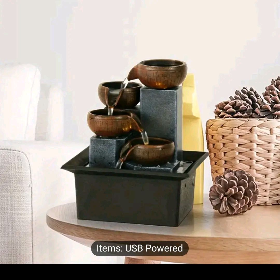 1pc Elegant Tiered Indoor Water Fountain - Resin Construction, Creative Decorative Ornament, Soothing Sound, Compact Tabletop Design, Perfect for Home, Office Desk, TV Cabinet Decor, Relaxing Ambiance Creation