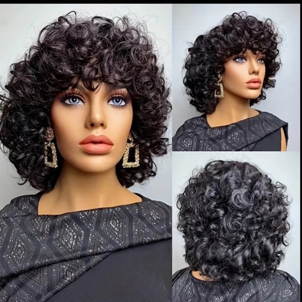 10 INCH Bouncy Curly Glueless Human Hair Wigs with Bangs Fringe - Big Loose Wave Wigs - 180% Density - 10 Inch - Full Machine Made - Brazilian Virgin - 100% Human Hair Wigs for Women