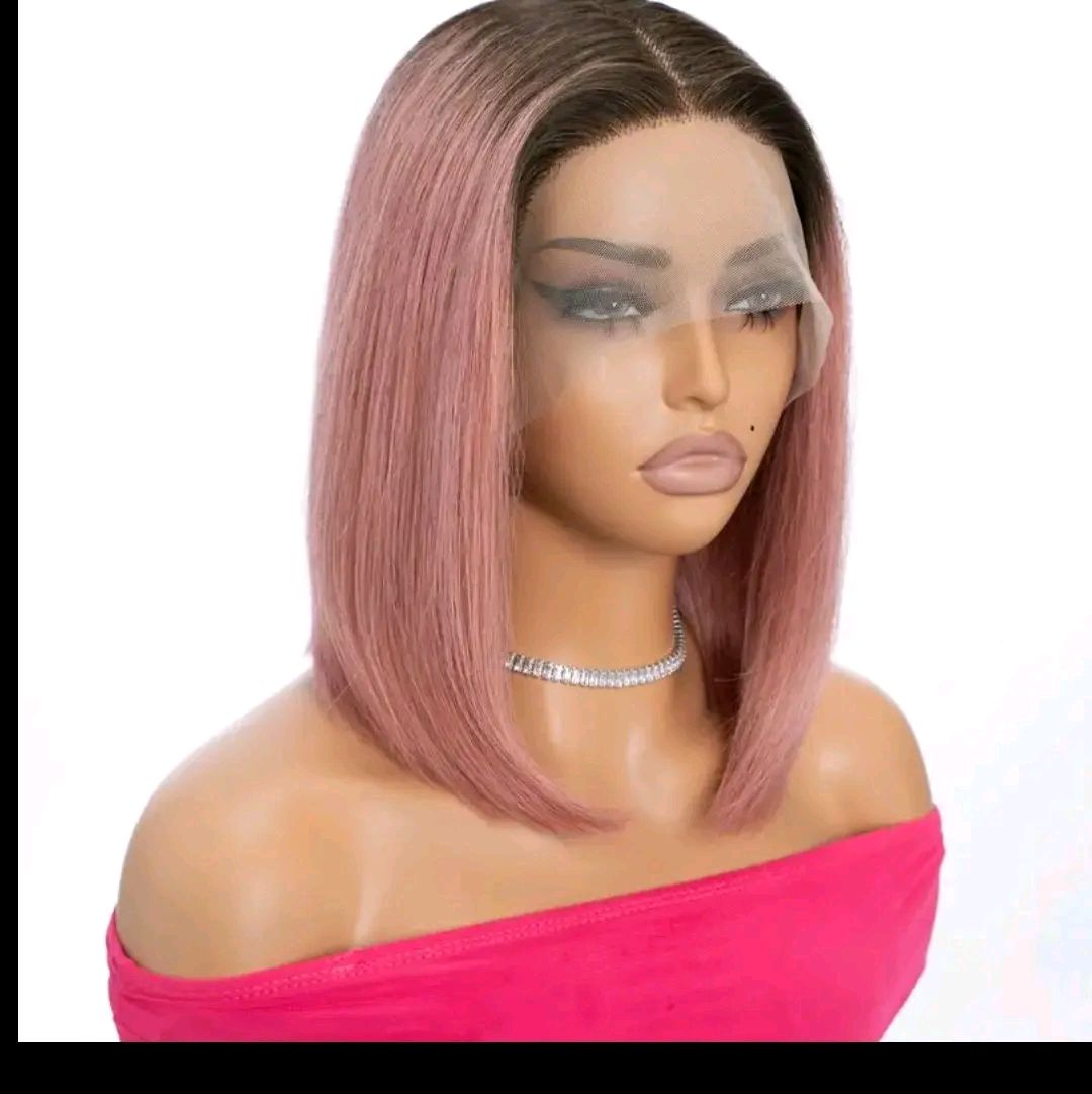 8 INCH Rebecca Beauty Unisex-Adult Pink Bob Lace Front Wig 13*5*1 Transparent HD Lace - 150% Density Straight Human Hair Wig Pre-Plucked with Bleached Knots - Suitable for All People